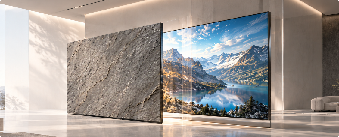 Valonia display shown as a stone panel when off, and as a screen displaying a mountain landscape when on